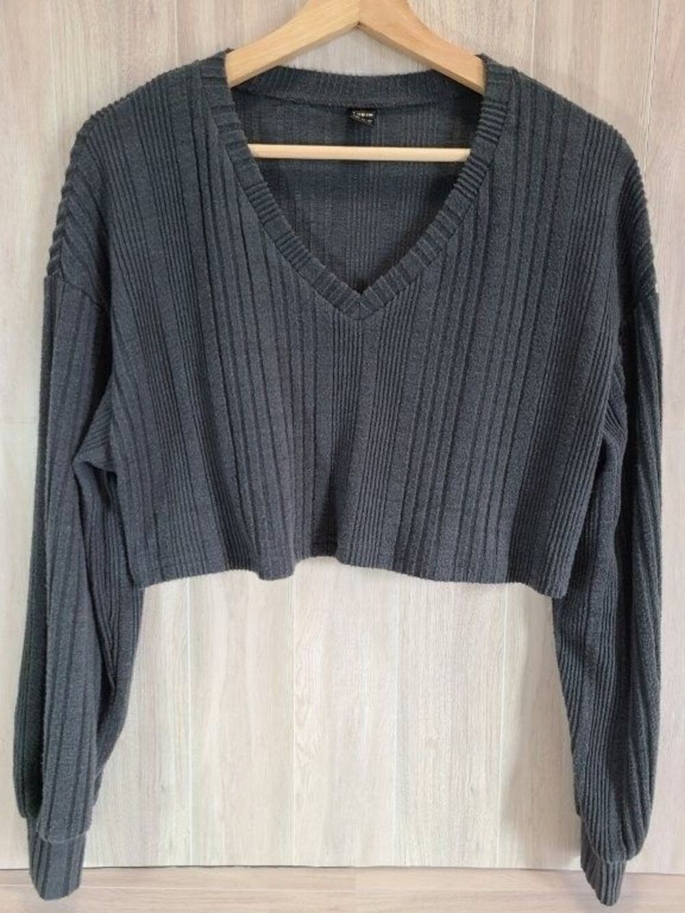 Shein Sweater Womens XS Gray Cropped Fuzzy Ribbed Knit V Neck Long Sleeve
